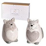 SPOTTED DOG GIFT COMPANY - Salz- und Pfefferstreuer im Katzen-Design - aus Keramik - Geschenk für Katzenliebhaber - Weißer und grauer Streuer mit Herz-Motiv -...