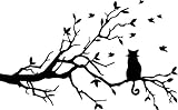 EmmiJules Wandtattoo Katze auf Ast (100cm x 60cm) - Made in Germany - verschiedene Größen und Farben - Baum Wohnzimmer Schlafzimmer Katzen Wandaufkleber...
