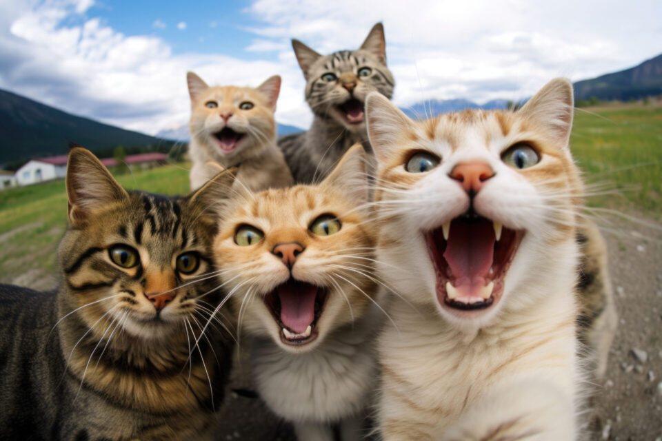 Eine Gruppe lachender Katzen
